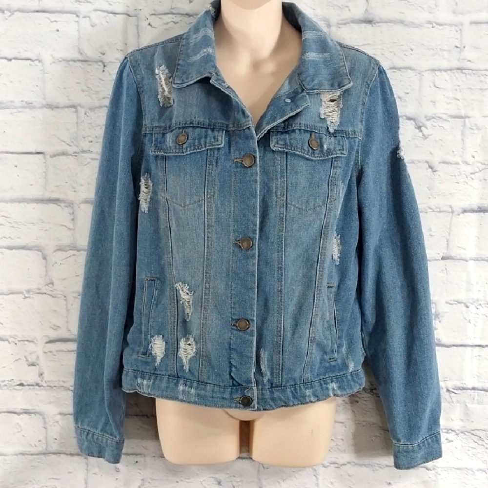 🔵BOGO FREE🔵 Cisono Distressed Denim Jean Jacket Sz L